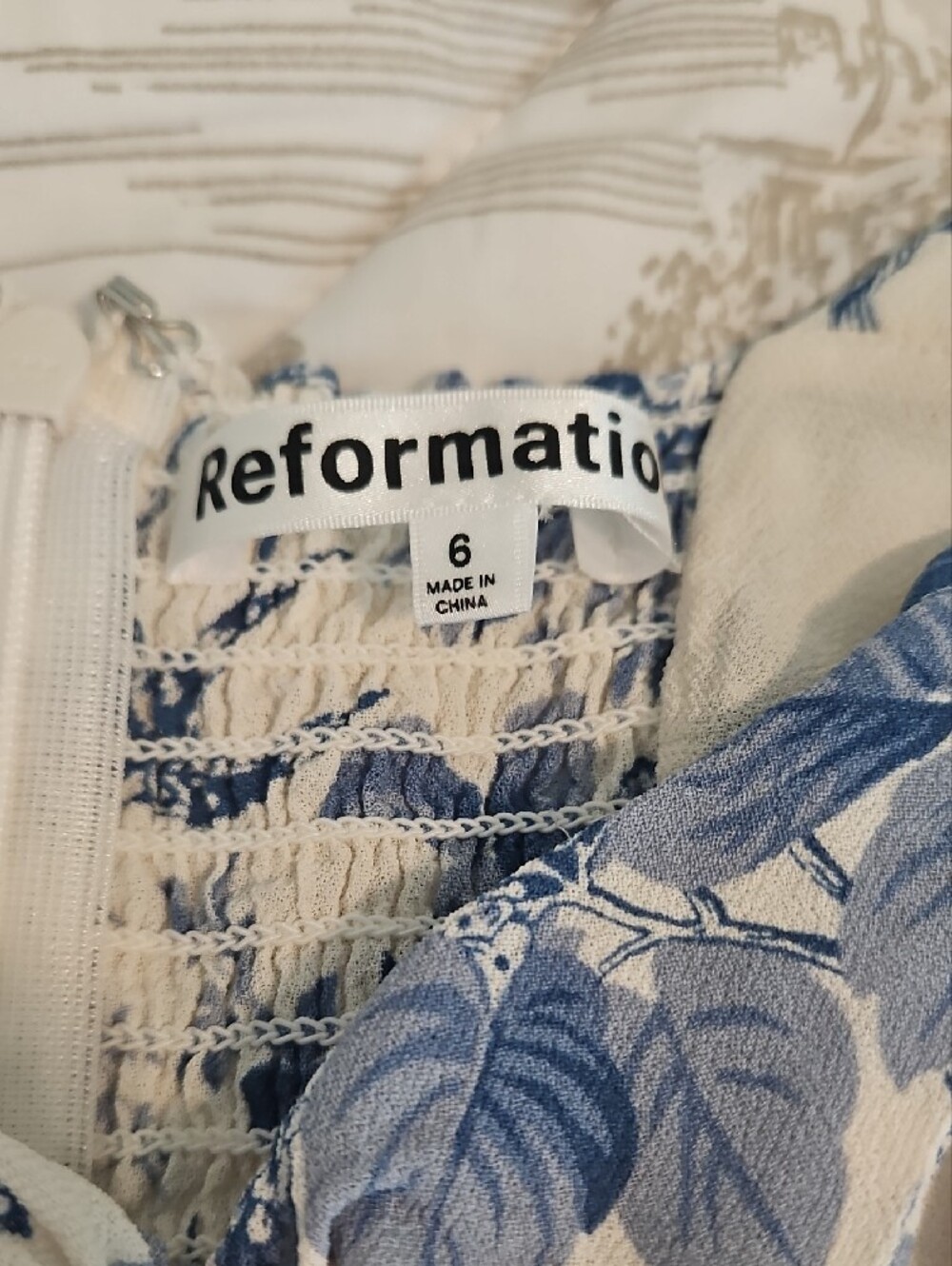 Reformation Blue and White Floral Off-Shoulder Sweetheart Midi Dress - Picture 2 of 4
